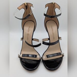 Tamara Mellon Black Patent Frontline Sandals 105mm Heels Size 38.5